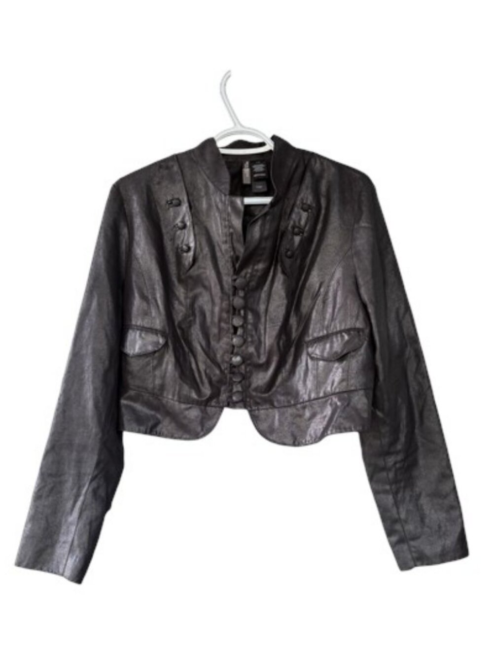 Bisou Bisou coated faux leather cropped jacket black women's size L